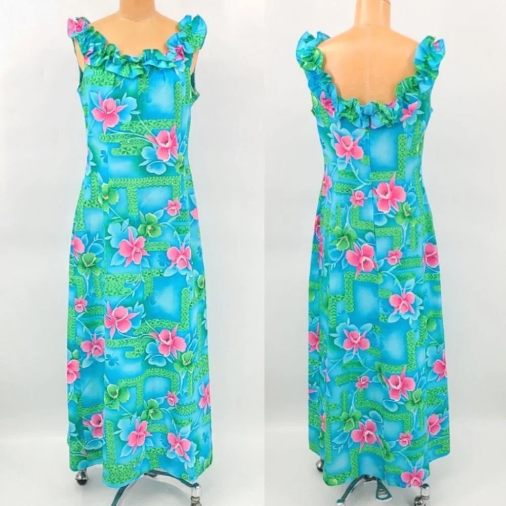 Vintage Pomare  Hawaii Floral Ruffled Top Maxi Dress